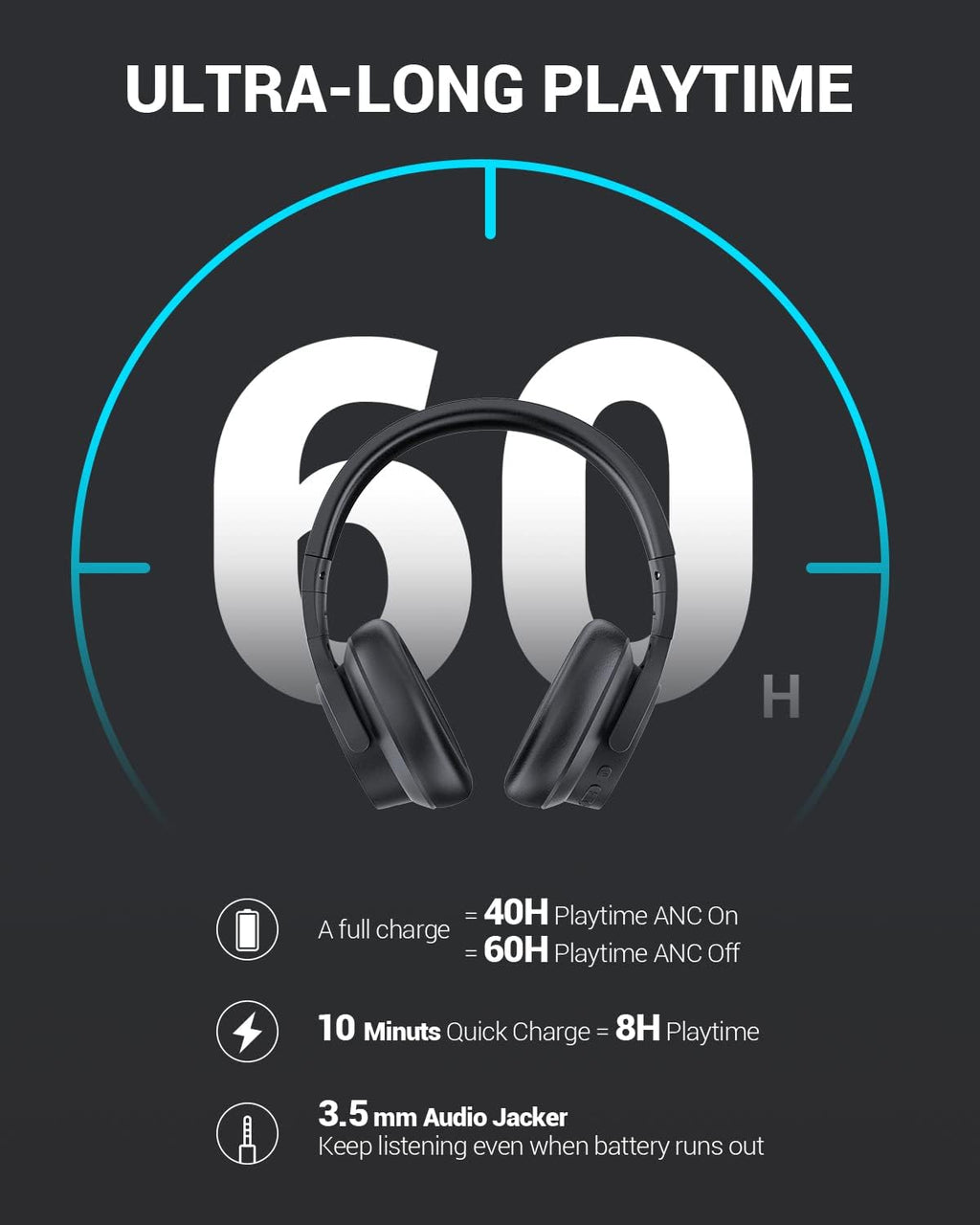 Wireless Bluetooth Headphones with 40dB Noise Reduction, 40H, aptX HD, Hi-Res Audio, Deep Bass, 5 Built-in Mics J607