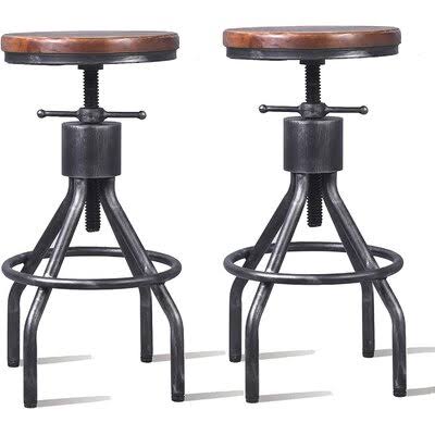 Set of 2 Adjustable Round Wood Metal Swivel Bar Stool X906