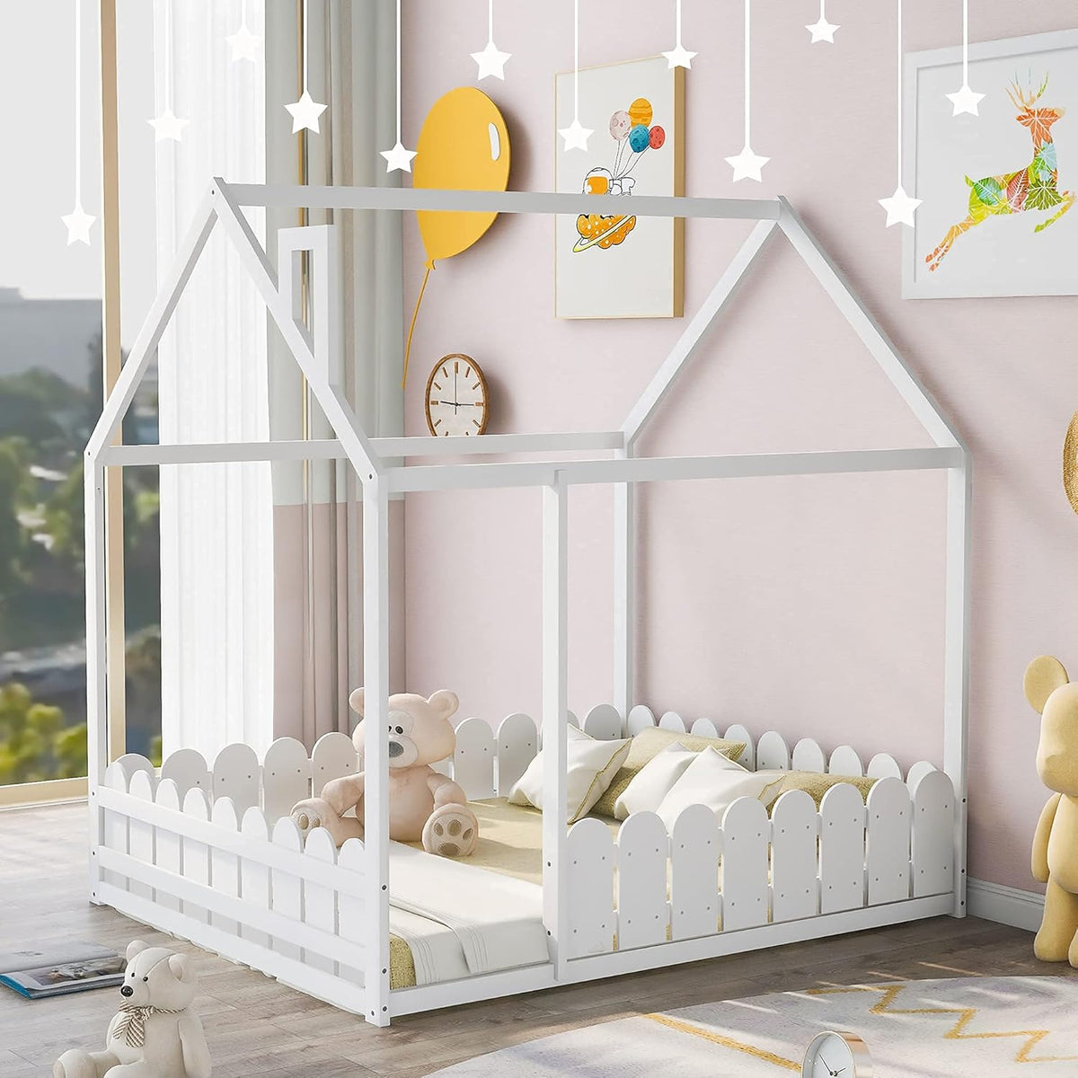 White Full Size Pine Wood Cabin Bed with Guardrails W9183