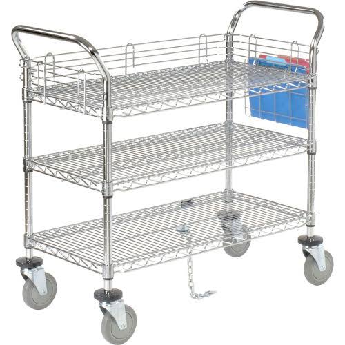 Chrome 3 Shelf Utility Cart with Polyurethane Brake Casters Q957217