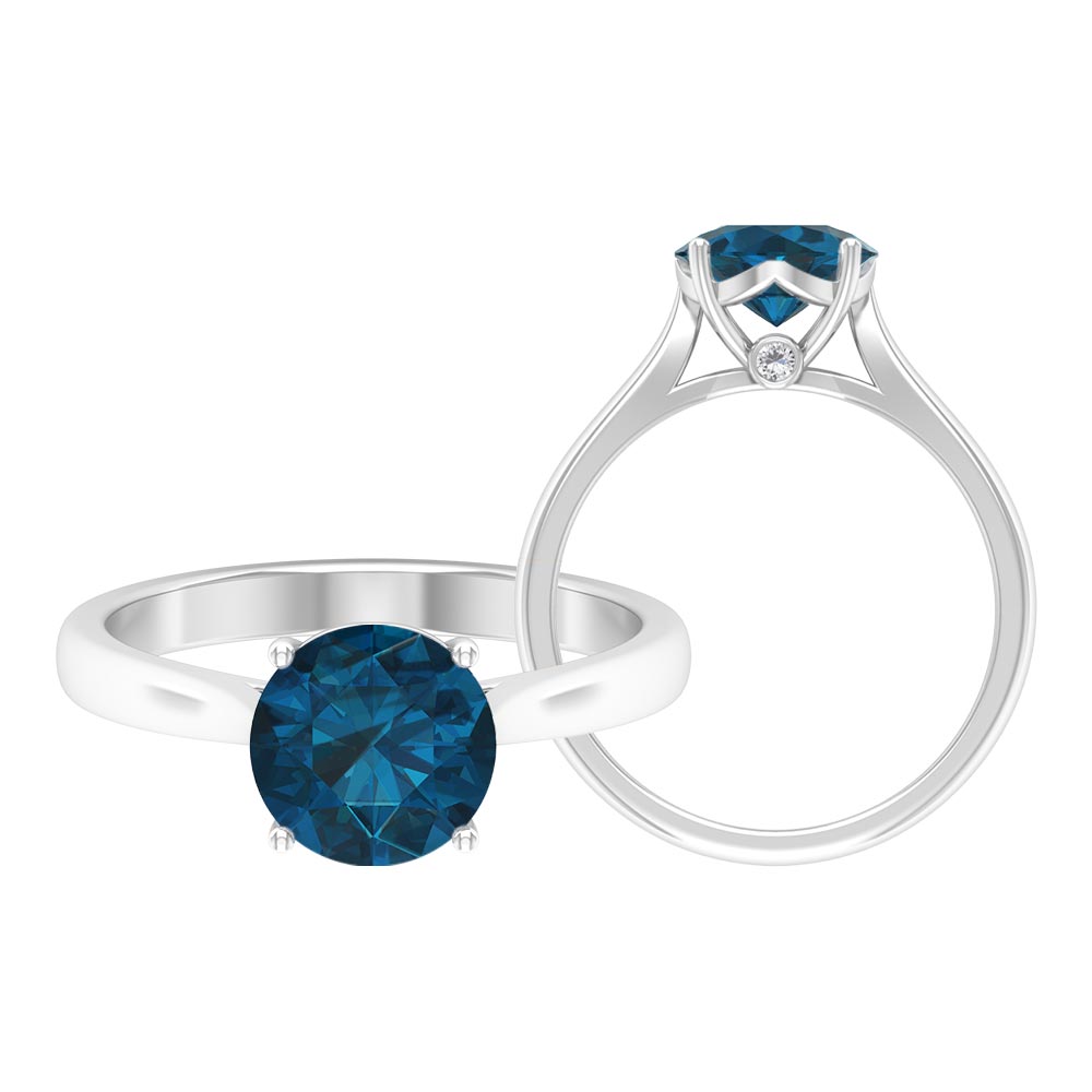 London Blue Topaz Solitaire Ring with Diamond (8 mm) - 2 CT, 925 Sterling Silver, US 4.50 C6250