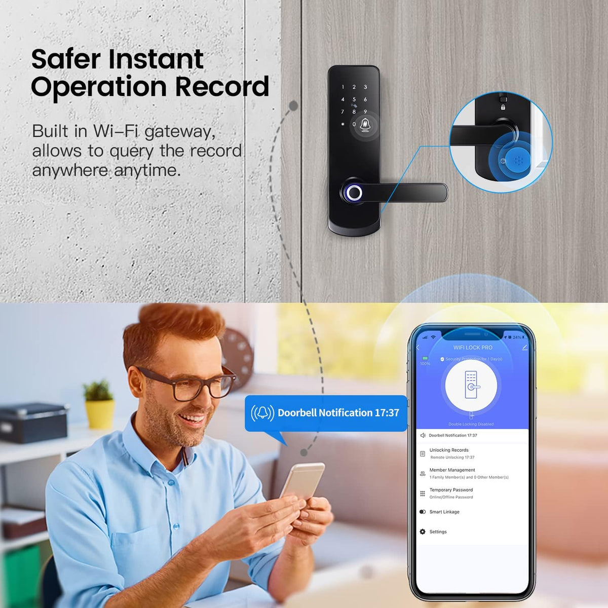 Smart Fingerprint Door Lock with Wi-Fi Touchscreen Keypad Deadbolt T2813