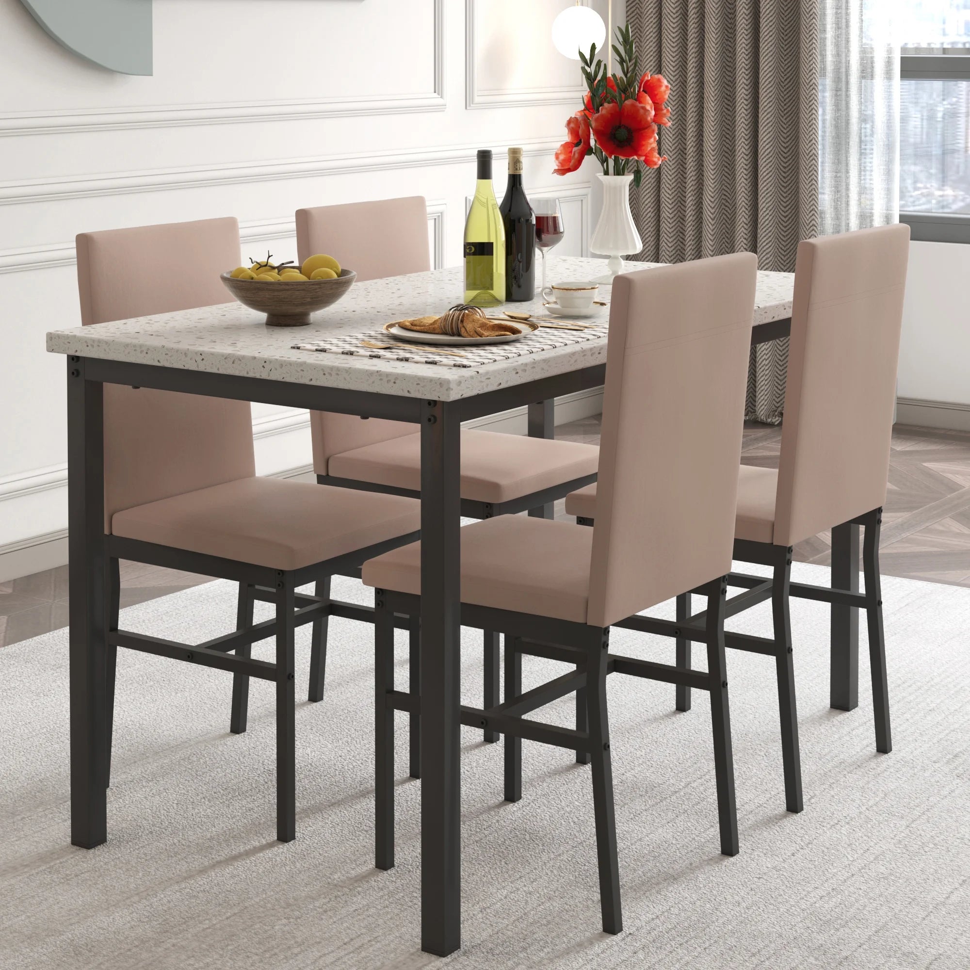 5 Piece Dining Table and Chairs Set with Faux Marble Tabletop and 4 PU Leather Upholstered Chairs Z725420