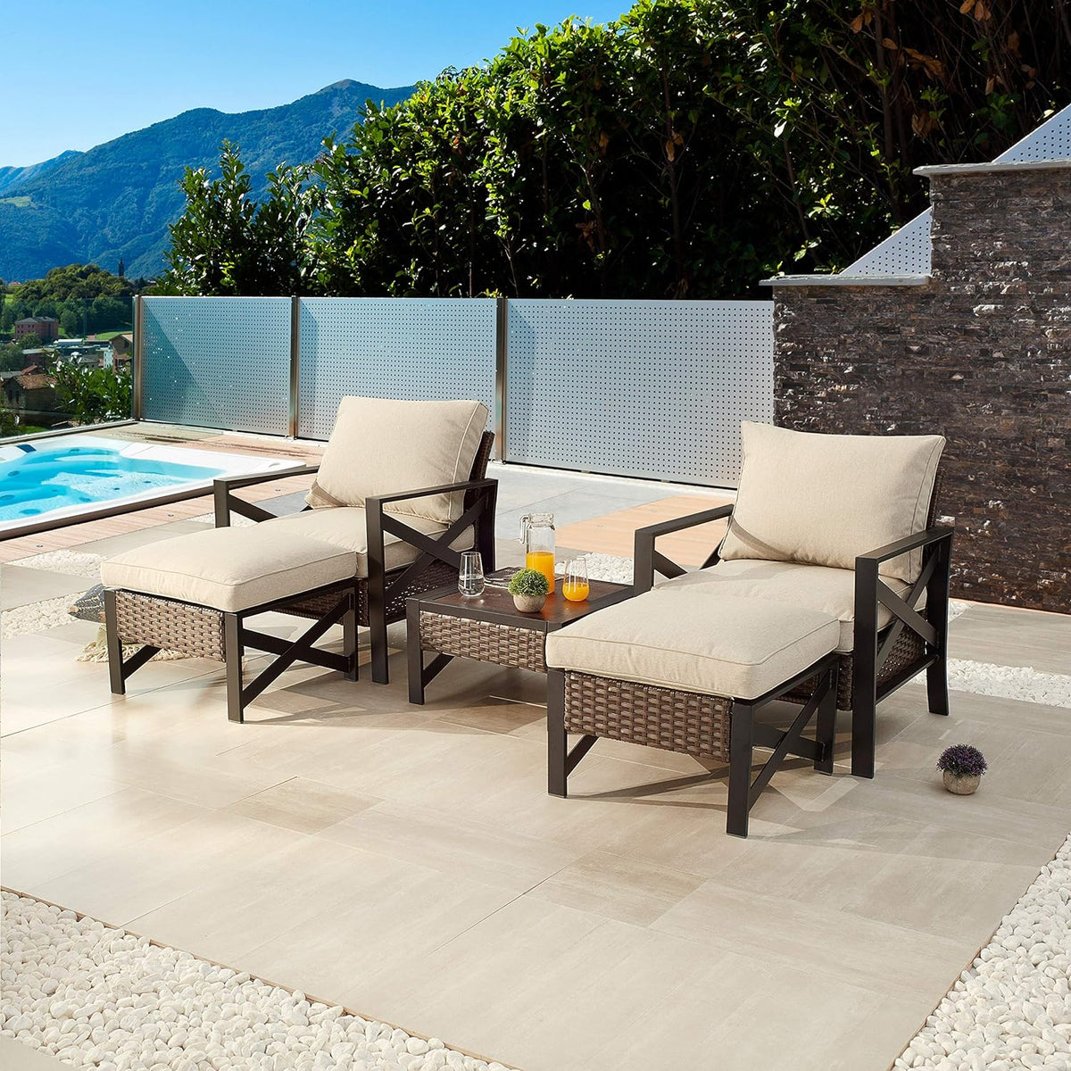 5 Piece Outdoor Wicker Conversation Sofa Set with Cushion and Coffee Table D362