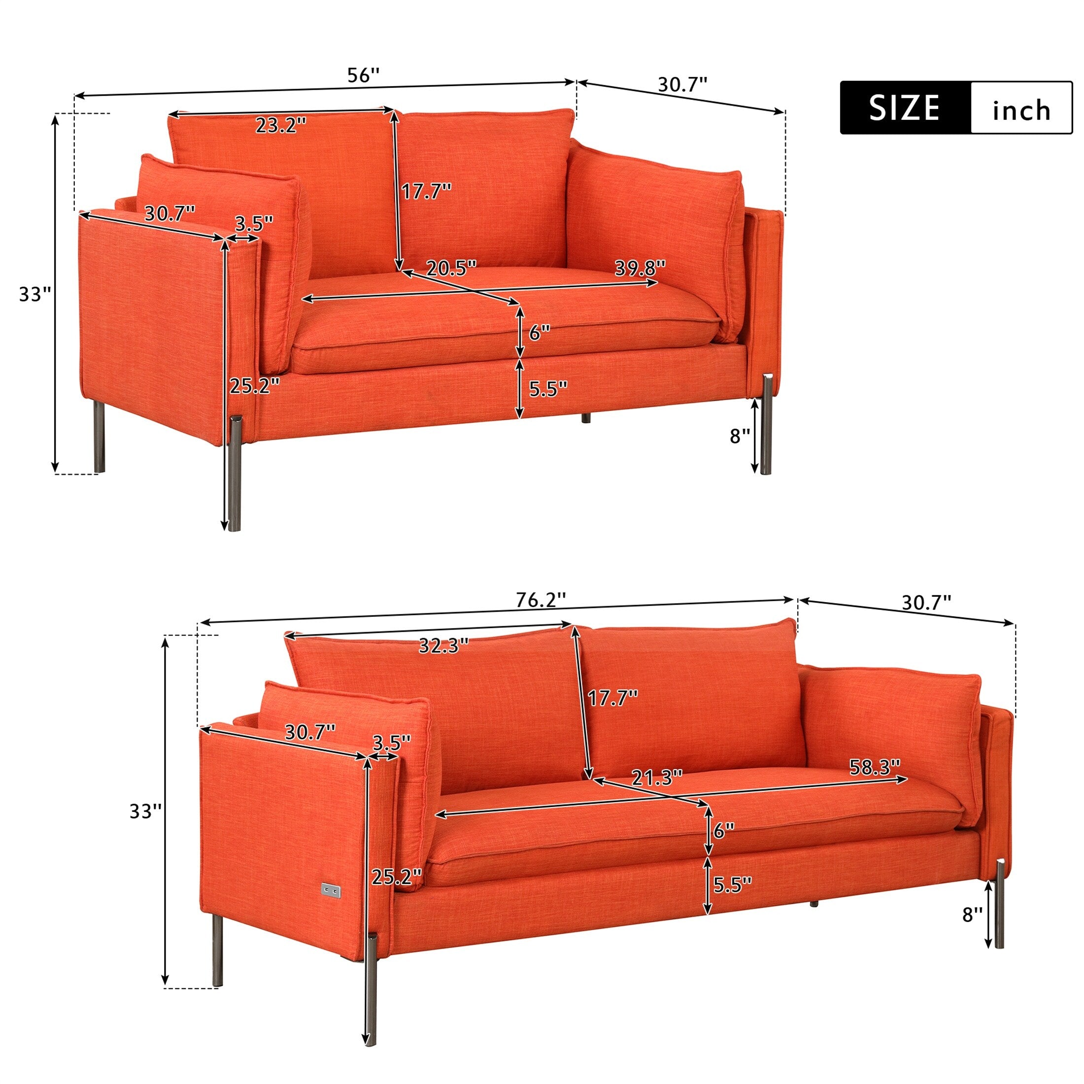 Orange Linen Loveseat and 3 Seat Couch Set B20519