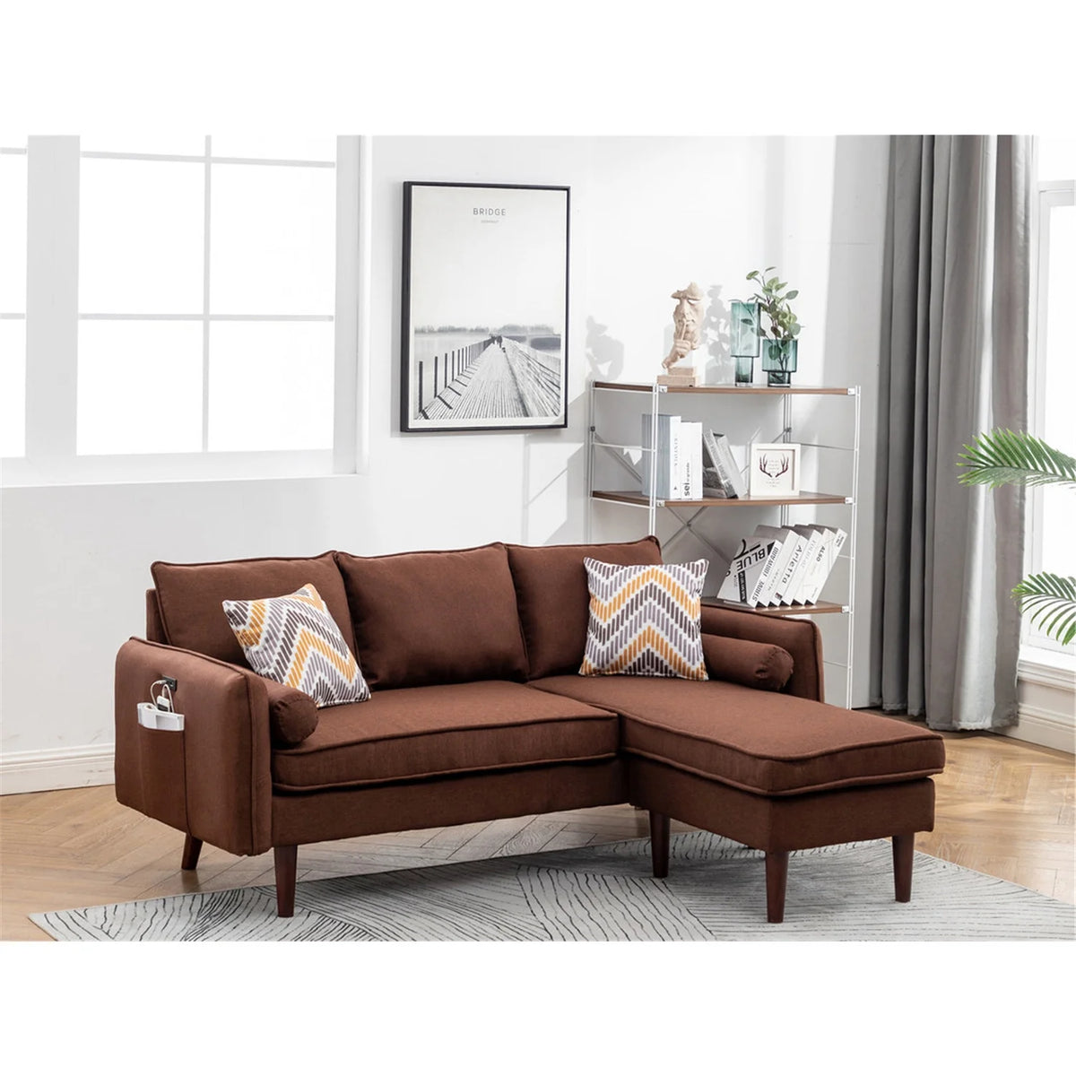 Brown Sectional Sofa Chaise with USB Charger & Pillows D292
