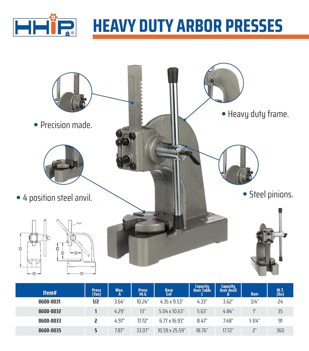 Heavy Duty Arbor Press, .5 Ton Capacity, 10 Height D10652