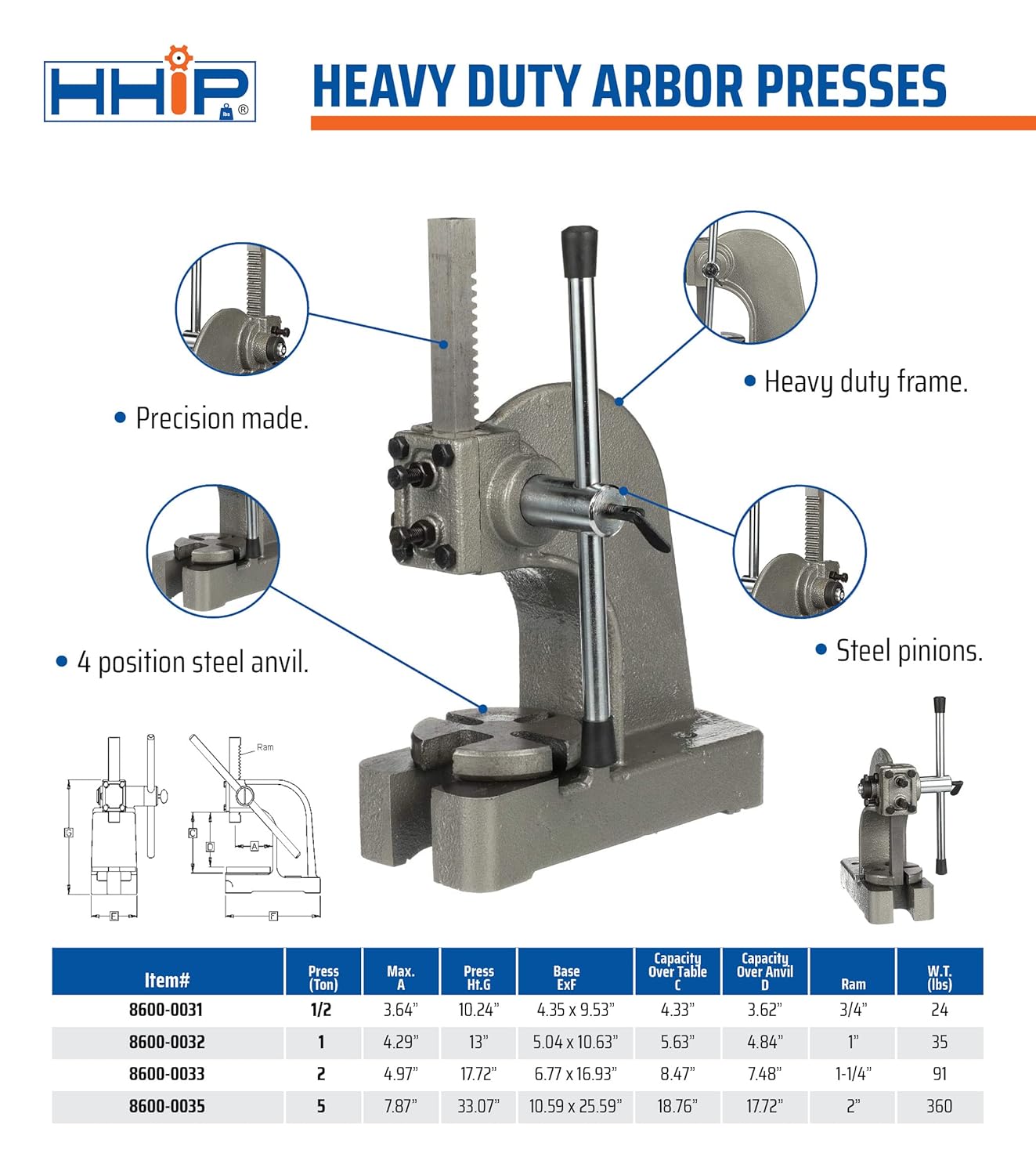 Heavy Duty Arbor Press, .5 Ton Capacity, 10 Height D10652