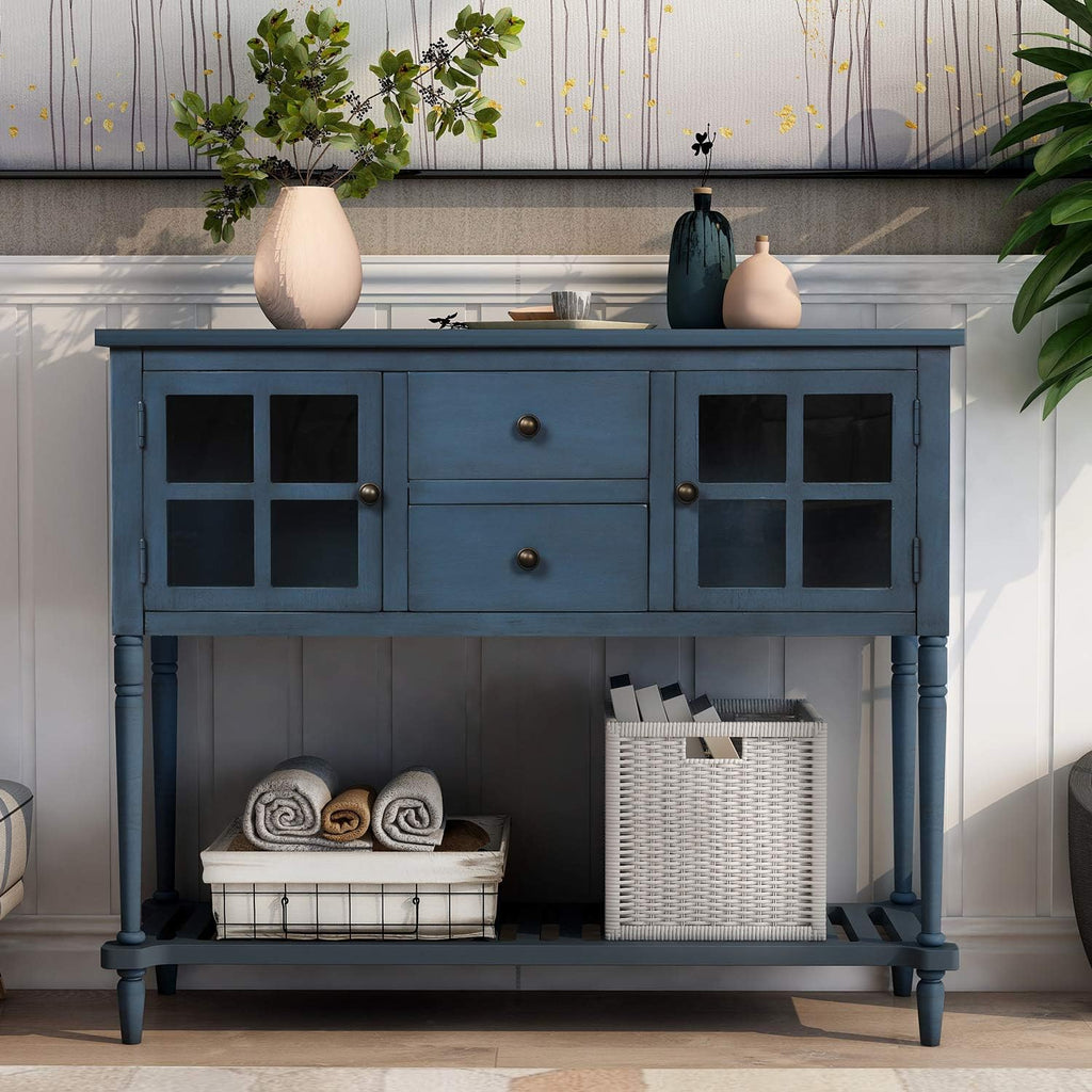 Antique Navy Console Table with Glass Doors and Drawers Z9848