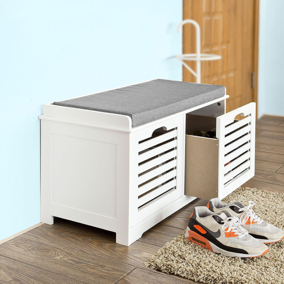 White Storage Bench with 2 Drawers & Removable Seat Cushion T247