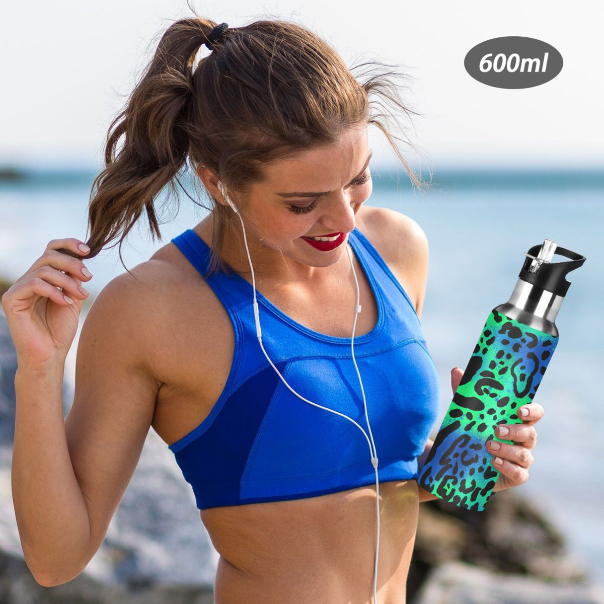 Green Blue Leopard 20 OZ Vacuum Insulated Stainless Steel Water Bottle with Straw Lid Z38404