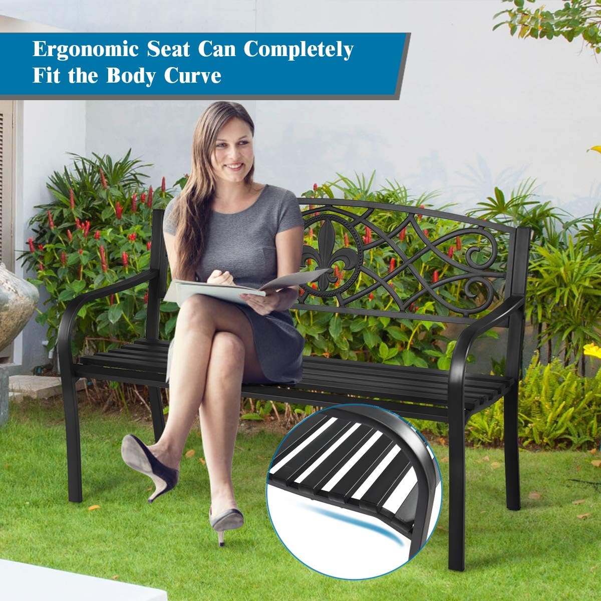 50 inch Heavy-Duty Metal Patio Bench with Pattern Backrest G6145