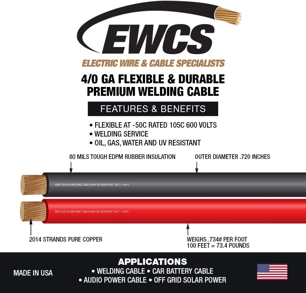 4/0 Gauge 15 Feet Black 15 Feet Red Combo 100% Copper Welding Cable 600 Volt F548