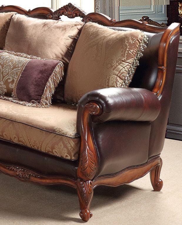 Cherry Finish Wood Pattern Fabric Sofa Set 2Pc D131