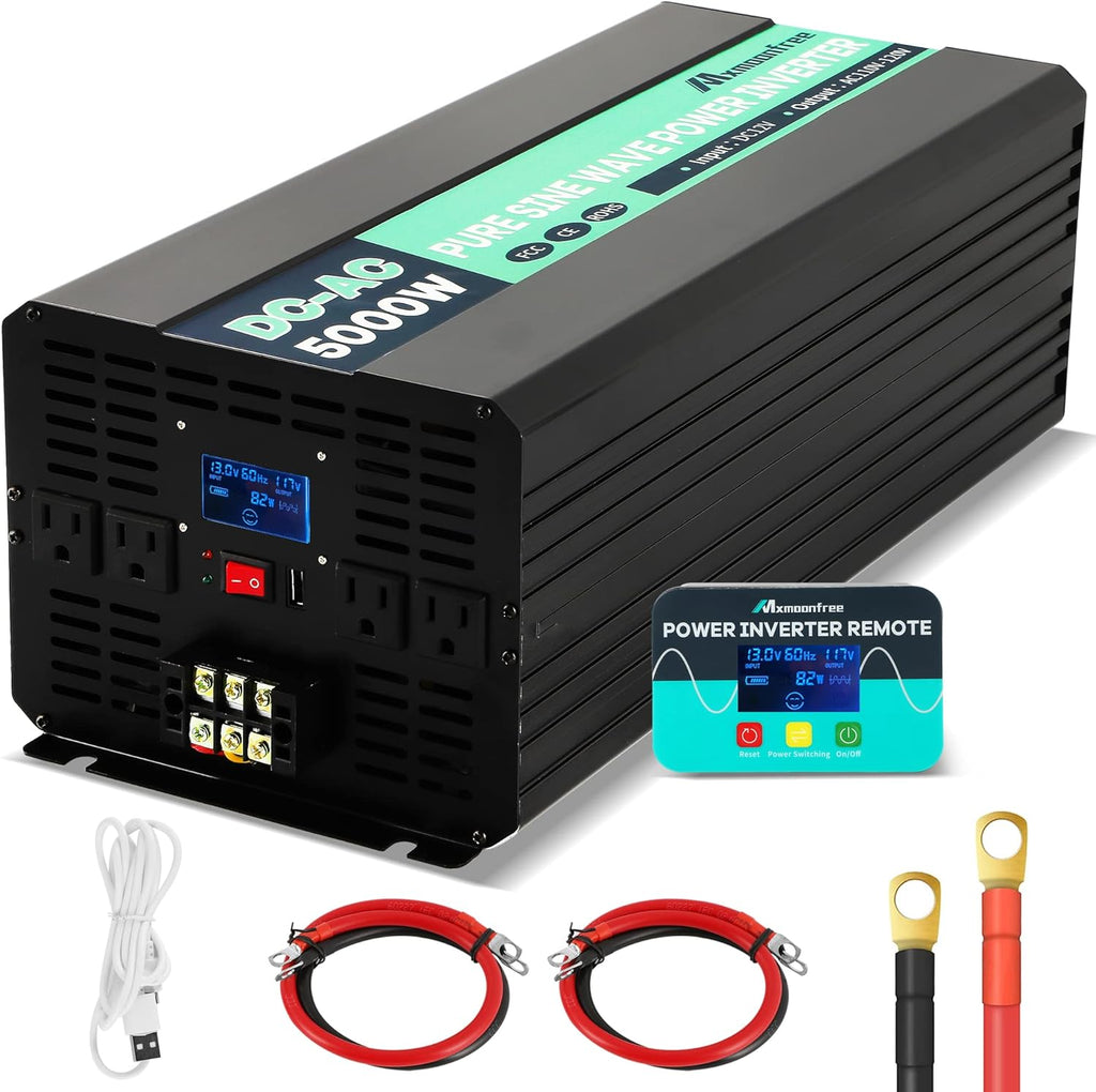 5000W Pure Sine Wave Power Inverter 12V DC to 110V AC with Wireless Remote Control LCD Display Q815