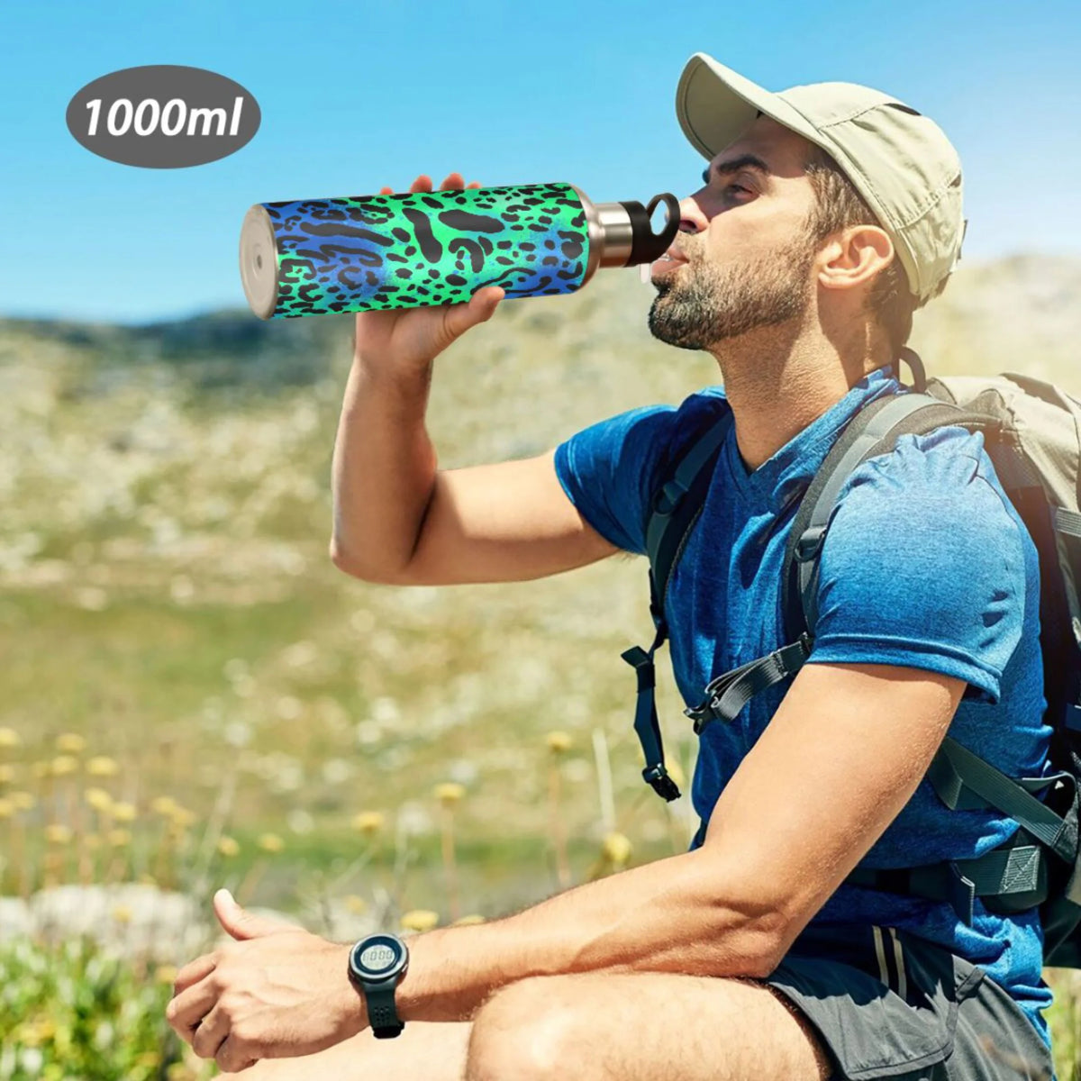Green Blue Leopard 20 OZ Vacuum Insulated Stainless Steel Water Bottle with Straw Lid Z38404